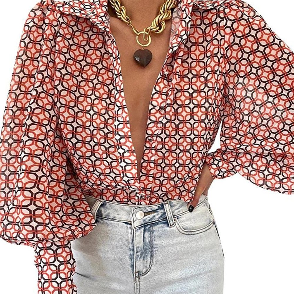 Women Summer Vacation Shirts Puff Long Sleeve Button Floral Loose Chiffon Tops